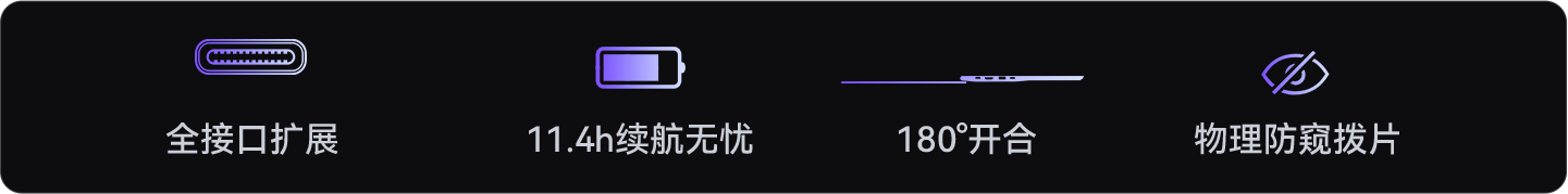全接口擴(kuò)展 - 11.4h續(xù)航無憂 - 180度開合 - 物理防窺撥片